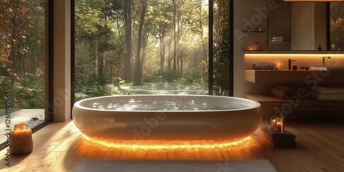 Relaxing spa interior with warm lighting and natural decor for wellness exper...