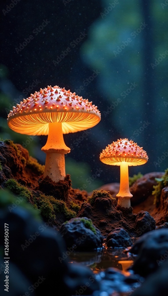 Fototapeta premium Glowing fungal caps illuminate the dark caverns, mushrooms, earthy, mysterious