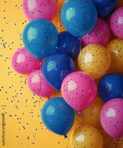 Festive balloons with colorful confetti against a vibrant background celebrat...