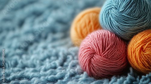 Vibrant yarn balls arranged on a cozy knitted blanket in warm tones