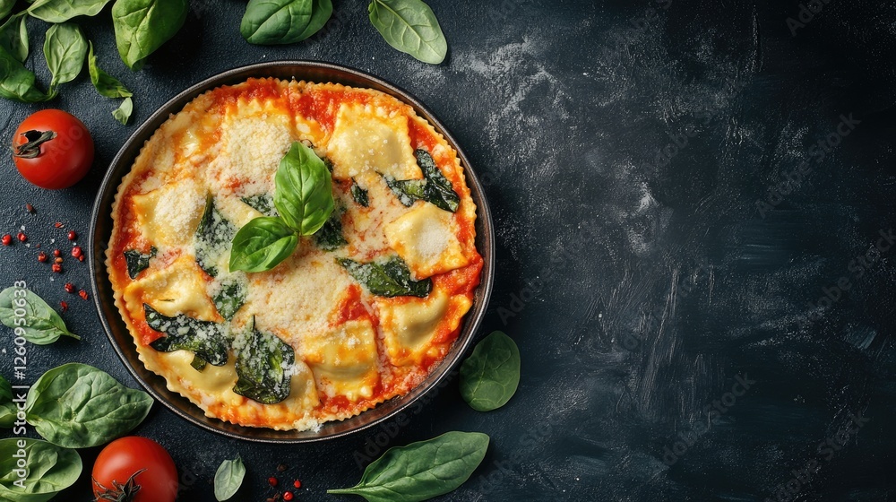 Ravioli with cheese and spinach, italian food, top view, copy space Ravioli with cheese and spinach, italian food, top view, copy space