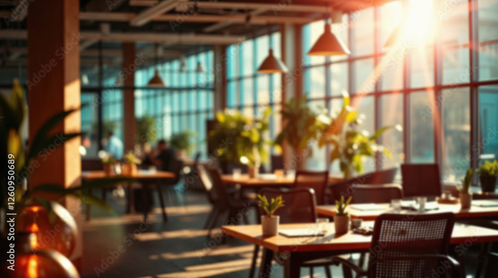 Blurred background of a co-working office with bright sunlight and a lot of green plants. Cozy modern workspace Blurred background of a co-working office with bright sunlight and a lot of green plants. Cozy modern workspace
