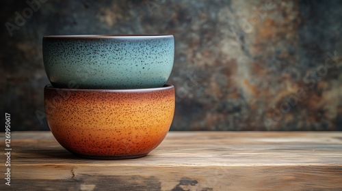 Ceramic bowls stacked on a wooden table showcasing elegant design and craftsm...