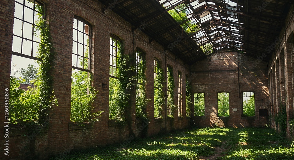 An old factory overtaken by nature with vines creeping through broken windows. An old factory overtaken by nature with vines creeping through broken windows.