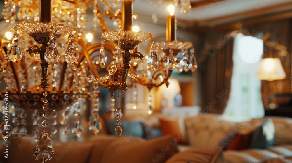 Close-up of an ornate chandelier hanging in the living room Close-up of an ornate chandelier hanging in the living room