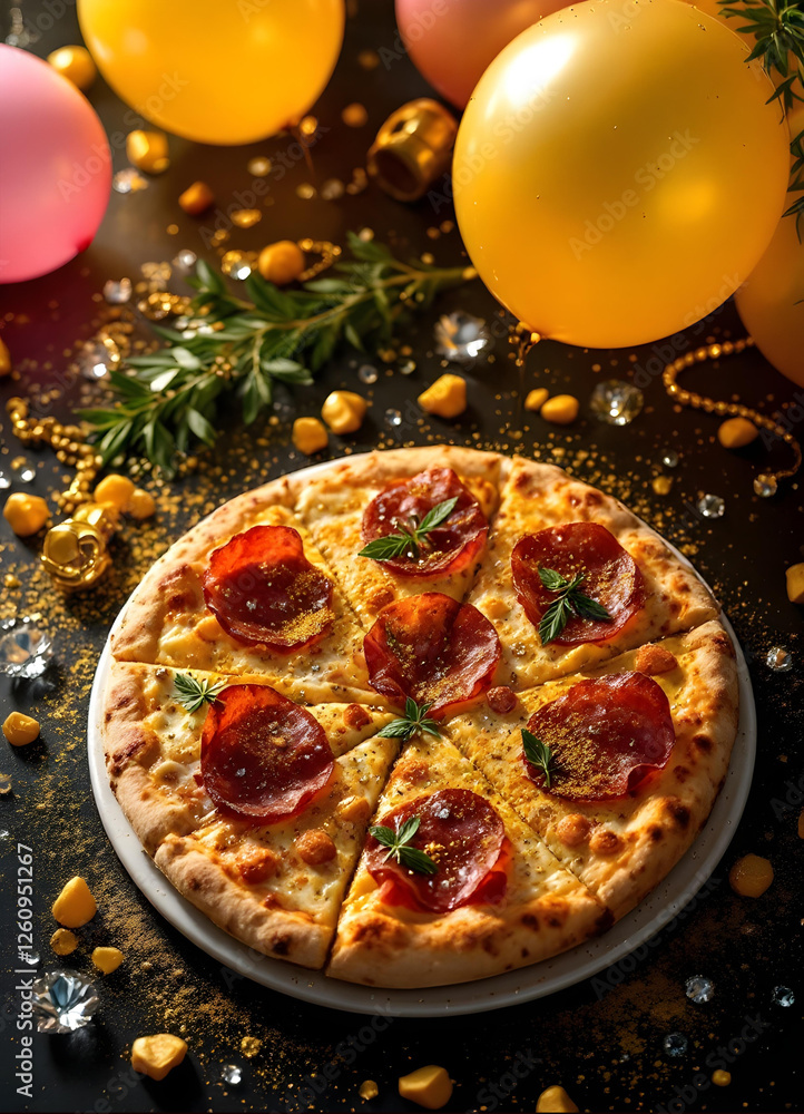Luxury Italian pizza with golden elements and balloons on black background – elegant restaurant advertisement, gourmet food photography, fine dining concept, festive culinary art