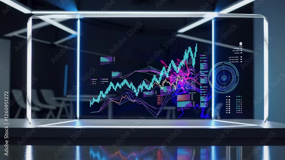 Futuristic video concept with a holographic display showing data analytics. Shot from a low angle, emphasizing the digital and modern style.