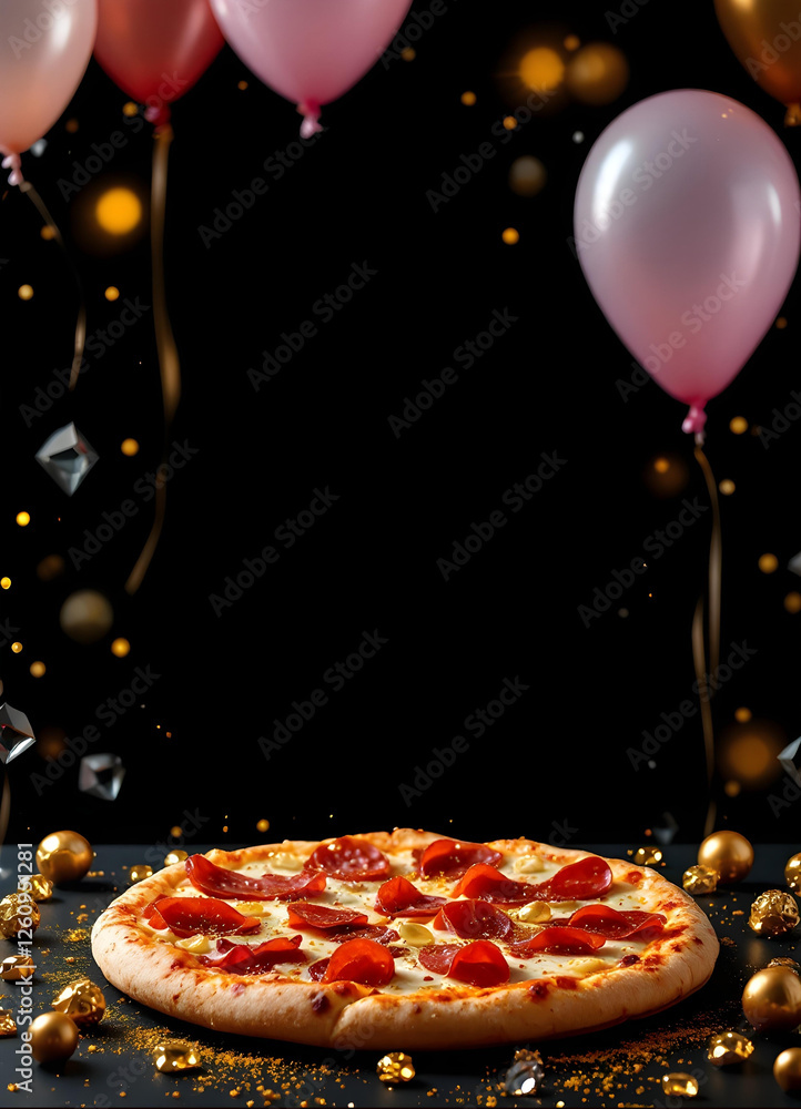 Luxury Italian pizza with golden elements and balloons on black background, space for text – elegant restaurant advertisement, gourmet food photography, fine dining concept, festive culinary art