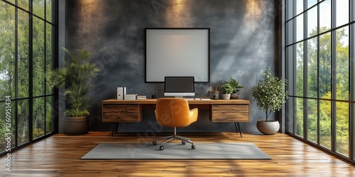 Modern office interior design featuring a stylish workstation and natural light