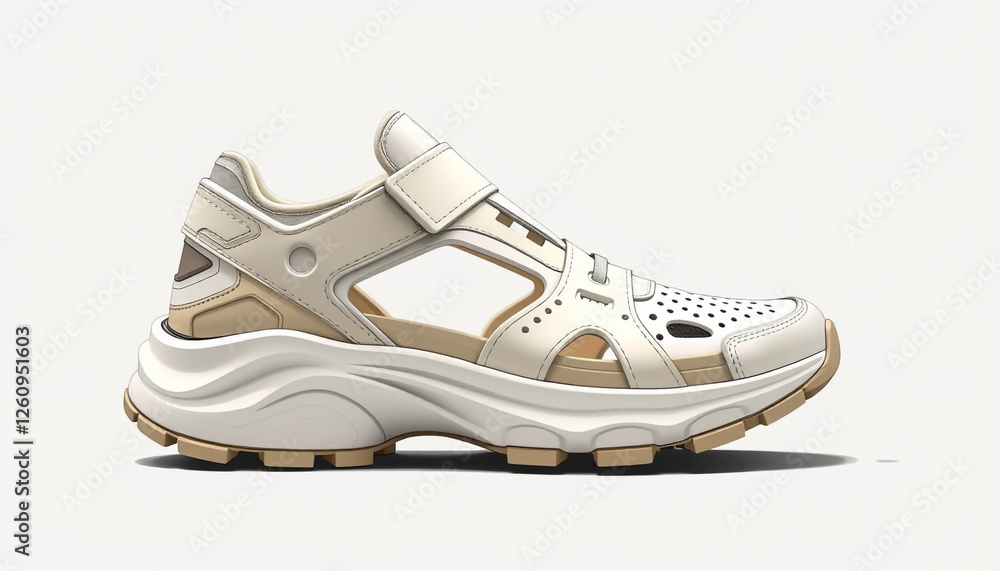 A high-quality realistic digital rendering of a white sneaker with a modern sportswear design, highlighting comfort and fashion. A high-quality realistic digital rendering of a white sneaker with a modern sportswear design, highlighting comfort and fashion.