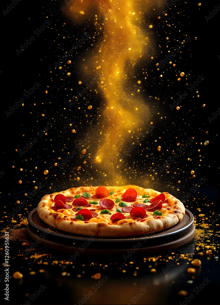 Luxury Italian pizza with golden elements and balloons on black background – elegant restaurant advertisement, gourmet food photography, fine dining concept, festive culinary art