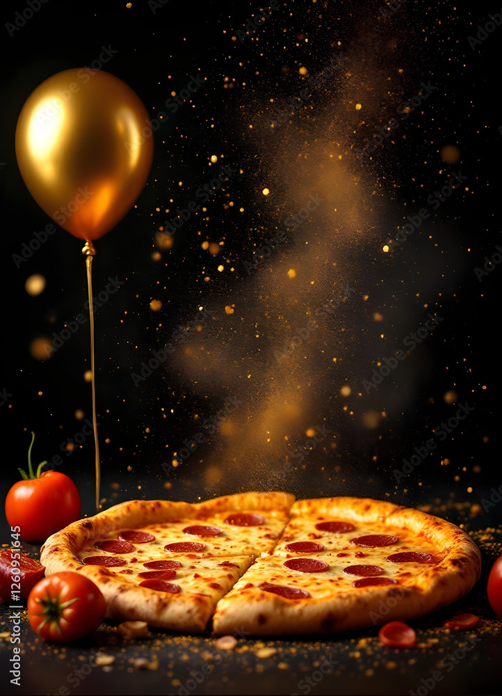 Luxury Italian pizza with golden elements and balloons on black background – elegant restaurant advertisement, gourmet food photography, fine dining concept, festive culinary art