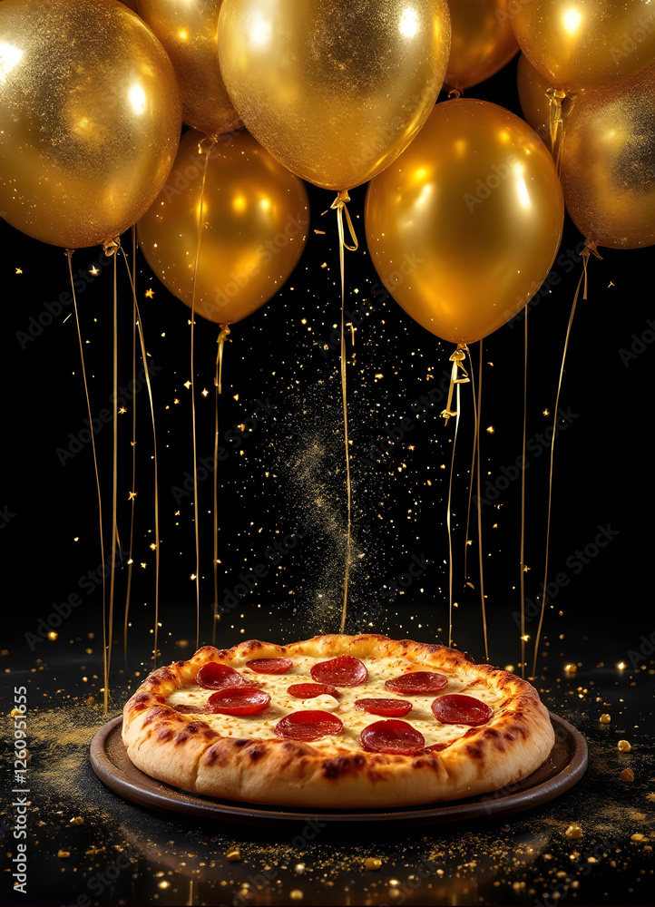 Luxury Italian pizza with golden elements and balloons on black background – elegant restaurant advertisement, gourmet food photography, fine dining concept, festive culinary art