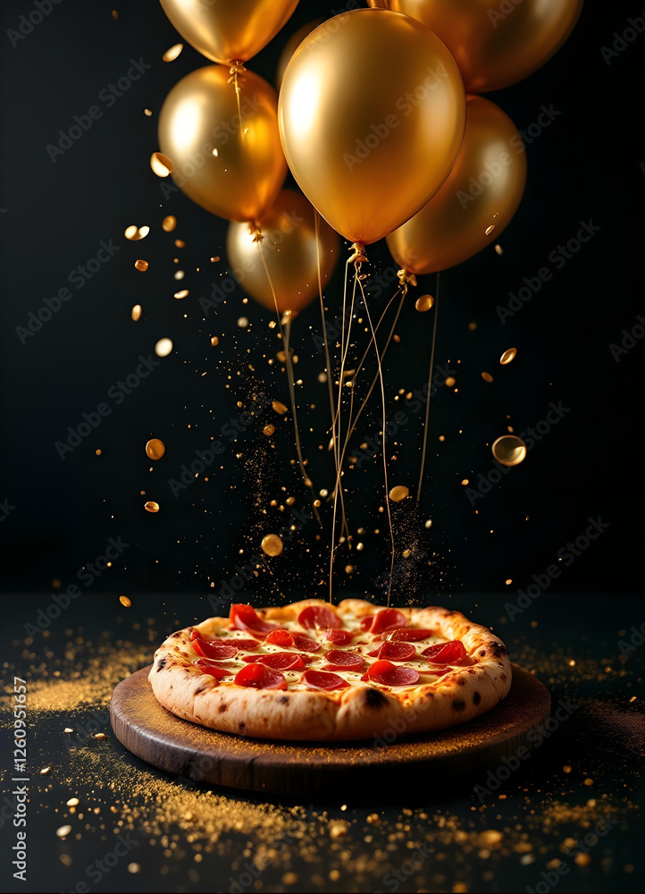 Luxury Italian pizza with golden elements and balloons on black background – elegant restaurant advertisement, gourmet food photography, fine dining concept, festive culinary art