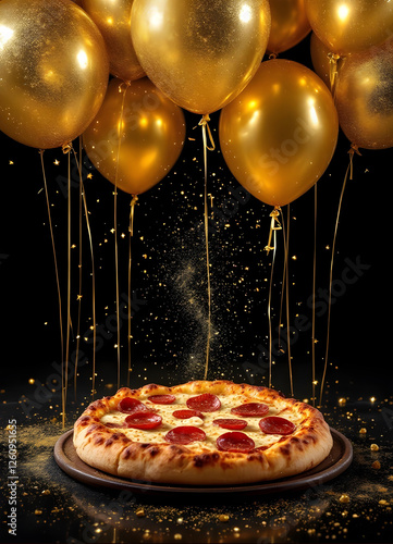 Obraz na płótnie Luxury Italian pizza with golden elements and balloons on black background – elegant restaurant advertisement, gourmet food photography, fine dining concept, festive culinary art w salonie