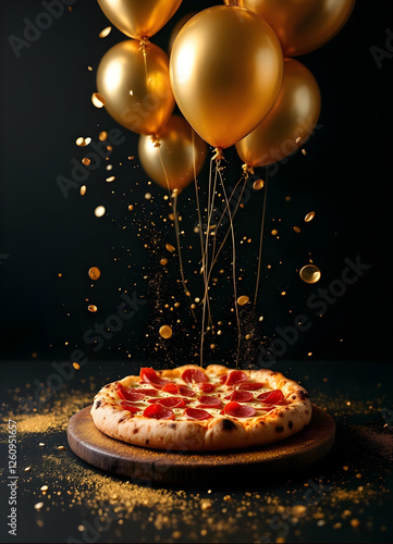 Luxury Italian pizza with golden elements and balloons on black background – elegant restaurant advertisement, gourmet food photography, fine dining concept, festive culinary art