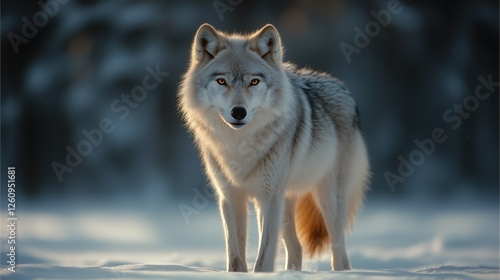 Majestic arctic fox stands gracefully in a winter landscape at sunset glow
