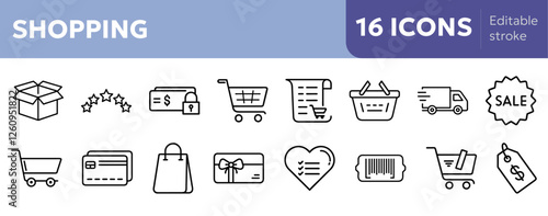 e-commerce icons including shopping cart, wishlist heart, delivery truck, price tag, gift card, review stars, sale badge, secure payment lock, checkout car