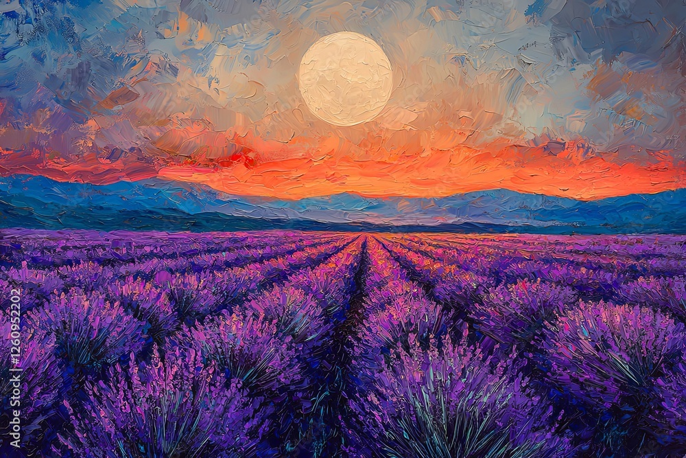 Fototapeta premium Dreamlike lavender fields stretching to the horizon, with a glowing full moon overhead.