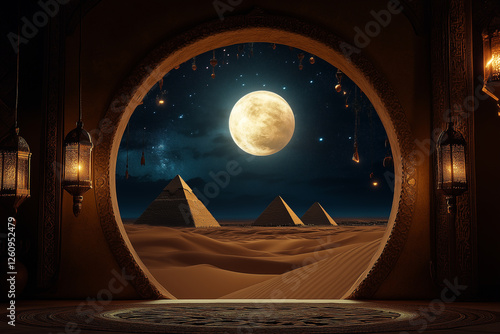 Enchanted Desert Nights Full Moon Over the Pyramids Through an Ornate Archway