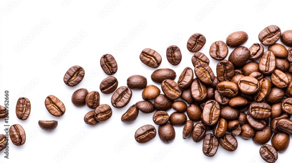 Obraz premium Scattered roasted coffee beans on a white background with copy space for commercial advertising and branding