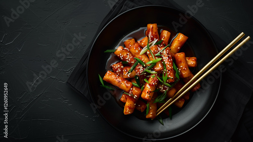 Tteokbokki, a popular Korean street food made of chewy rice and gochujang-based sauce. AI-generated
