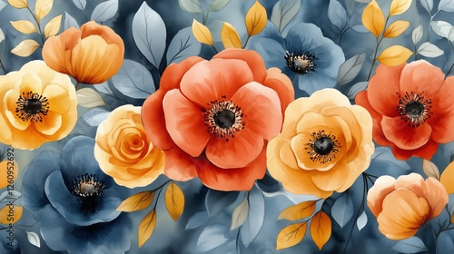 Colorful floral design featuring vibrant roses and anemones with leaves on a ...