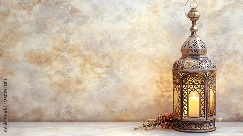 Ornate Lantern with Candle and Flowers Against Textured Wall
