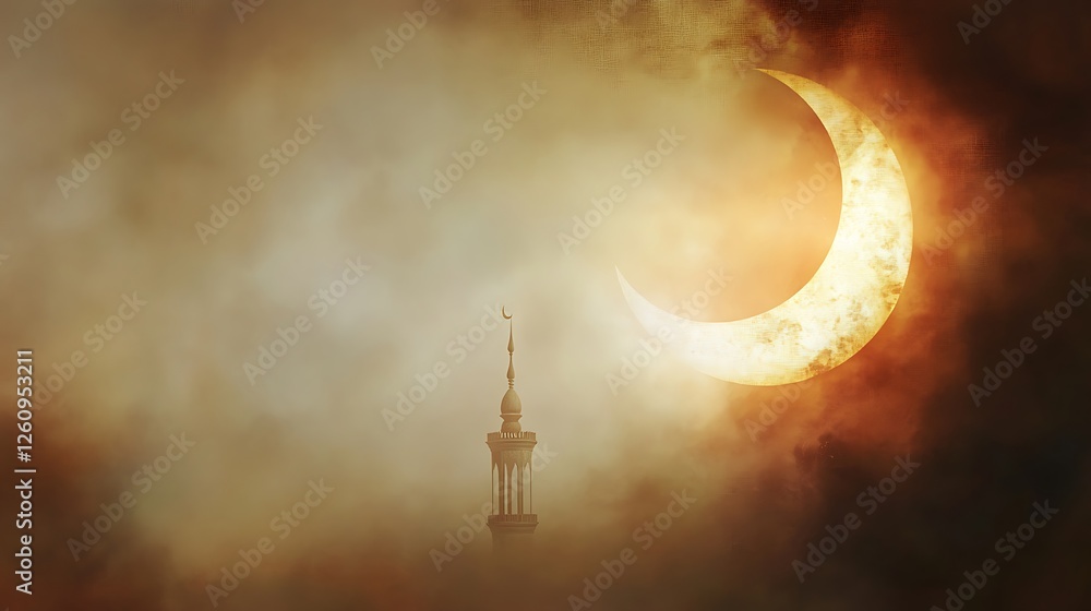 Fototapeta premium Crescent Moon Rises Over Mosque Minaret Silhouette