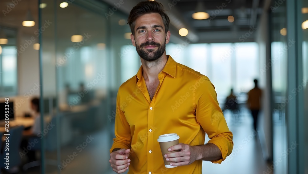 Naklejka premium corporate colleague holding coffee cup in office hallway, professional and stylish individual reflecting business success and networking