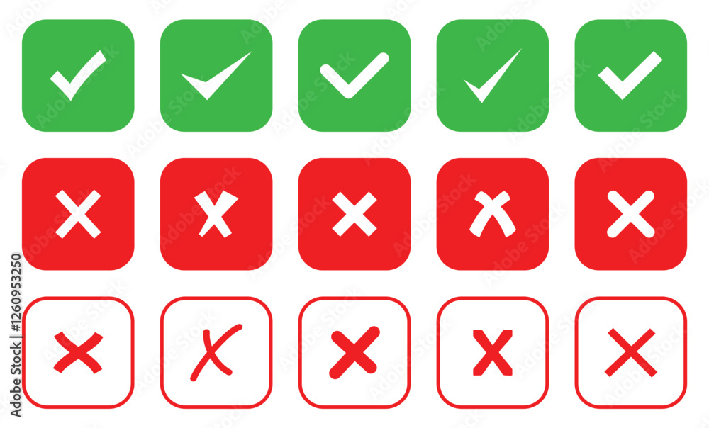 Check box tick mark icon set button correct right wrong buttons or yes or no checkmark red cross vector design Check box tick mark icon set button correct right wrong buttons or yes or no checkmark red cross vector design