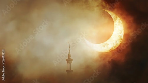 Crescent Moon Rises Over Mosque Minaret Silhouette