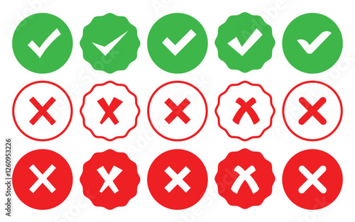 Check box tick mark icon set button correct right wrong buttons or yes or no checkmark red cross vector design