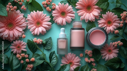 Colorful beauty products arranged with fresh flowers on a soft green backgrou...