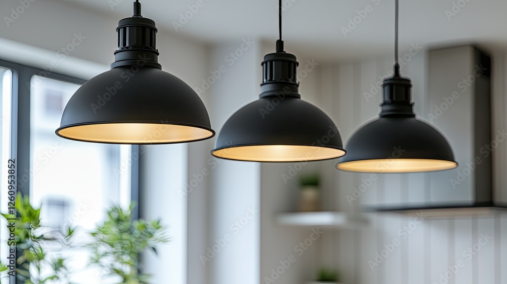 Obraz premium Three black pendant lights illuminate a chic dining space with a warm ambiance in a contemporary design setting
