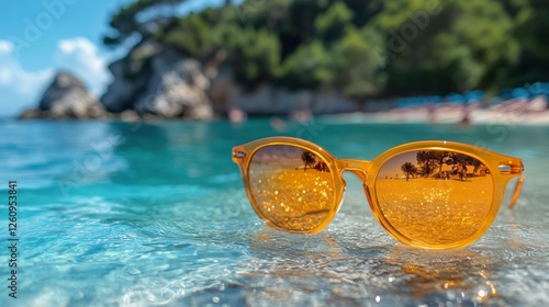 Sunglasses resting on the sandy beach with clear turquoise water in the backg...