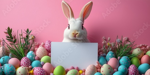 Cute white rabbit surrounded by colorful Easter eggs with a blank sign on a p...