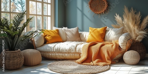 Cozy living room with a knitted blanket and decorative pillows near a window ...