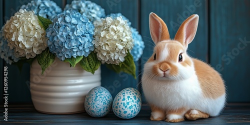 Cute fluffy rabbit sits on a blue surface against a solid backdrop with soft ...