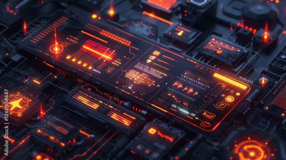 Obraz premium Futuristic Digital Interface with Neon Elements and Data Visualizations on a Dark Background for Technology and Innovation Concepts
