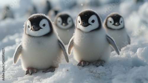 Chilly penguin chicks waddling on snow in a frosty landscape during winter