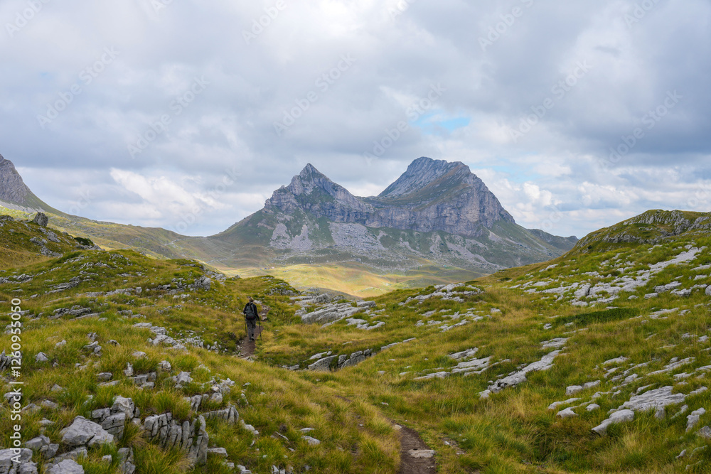 Fototapeta premium Female hiker alone on Prutas Peaks trail with Mount Sedlo in the distance 
