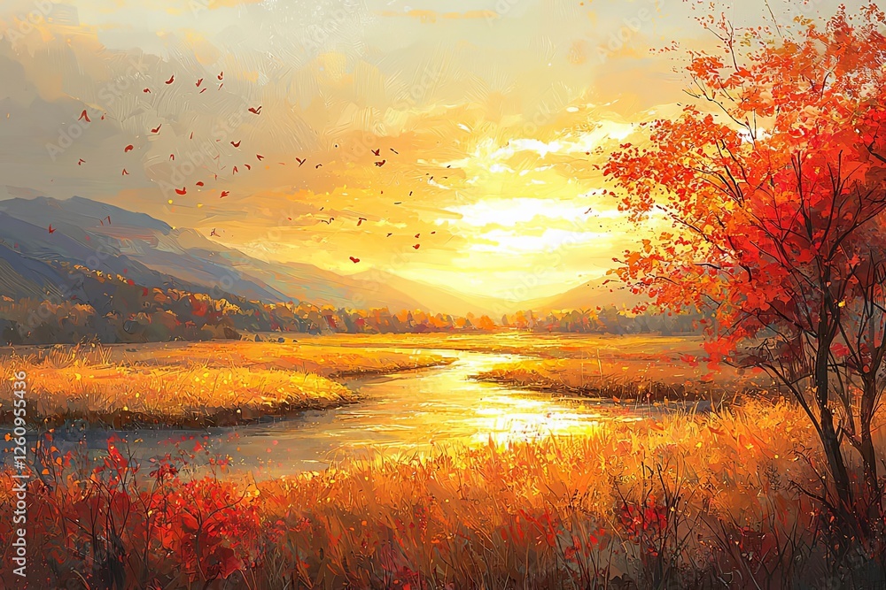 Fototapeta premium Peaceful autumn countryside with a river winding through golden fields and orange forests under a warm sunset.