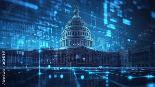 Capitol building, digital data, night, future tech