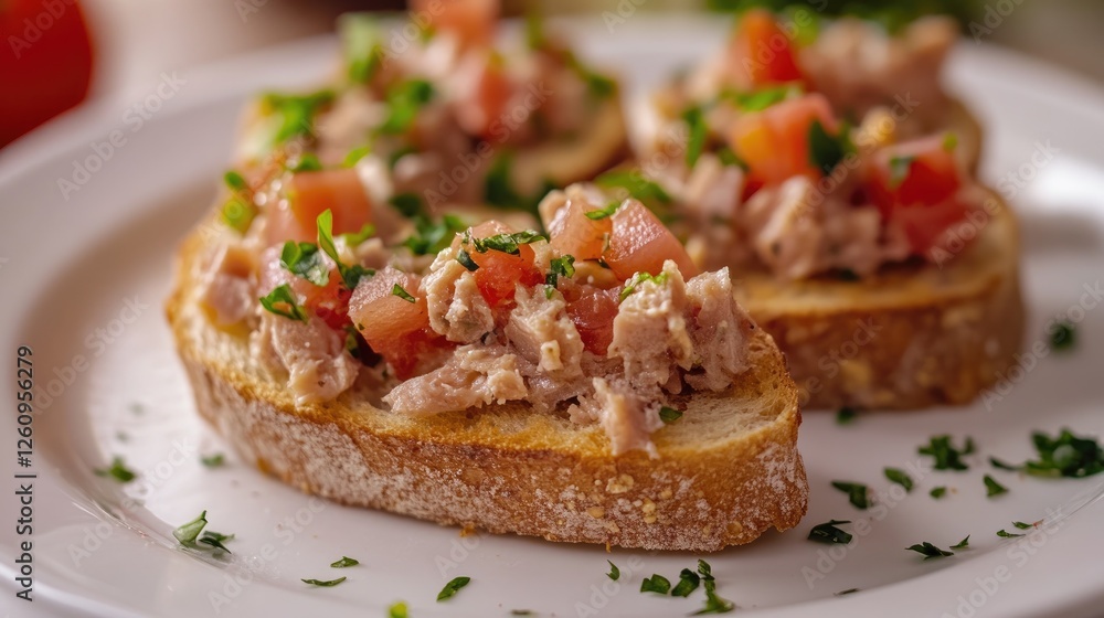 bruschetta with tuna pate, fish rillettes on a white plate , selective focus, close-up bruschetta with tuna pate, fish rillettes on a white plate , selective focus, close-up