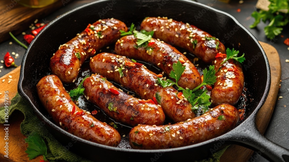 Sticky Teriyaki Sausages with sesame seeds, chili and herbs in a cast iron pan Sticky Teriyaki Sausages with sesame seeds, chili and herbs in a cast iron pan