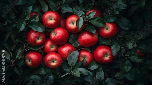 Vibrant Red Apples Nestled in Lush Foliage, Exuding Freshness and Abundance