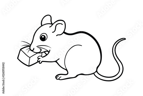Line art of a mouse nibbling on a piece of cheese vector art illustration.eps