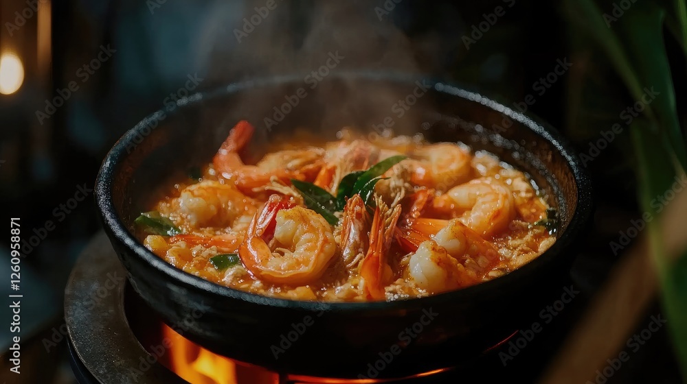 Tom Yam kung Spicy Thai soup with shrimp in a black bowl on a dark stone background, top view, copy space Tom Yam kung Spicy Thai soup with shrimp in a black bowl on a dark stone background, top view, copy space