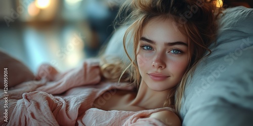 Woman relaxing on soft pillows in cozy setting with natural light in background